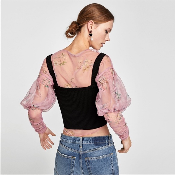 Zara printed floral sheer romantic love sleeve top - Picture 5 of 16